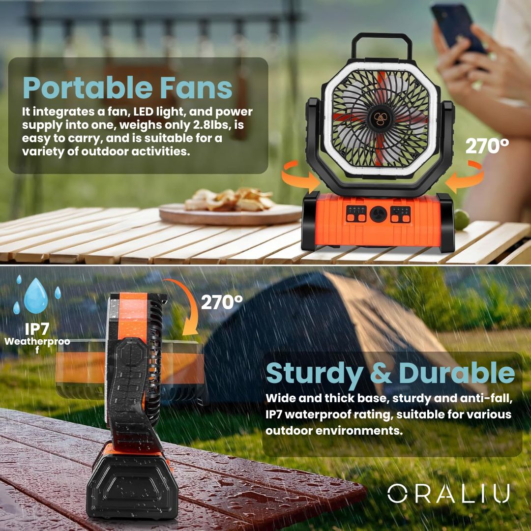 Camping Fan with LED Light & 20000mAh Power Bank | USB Rechargeable | Green & Orange