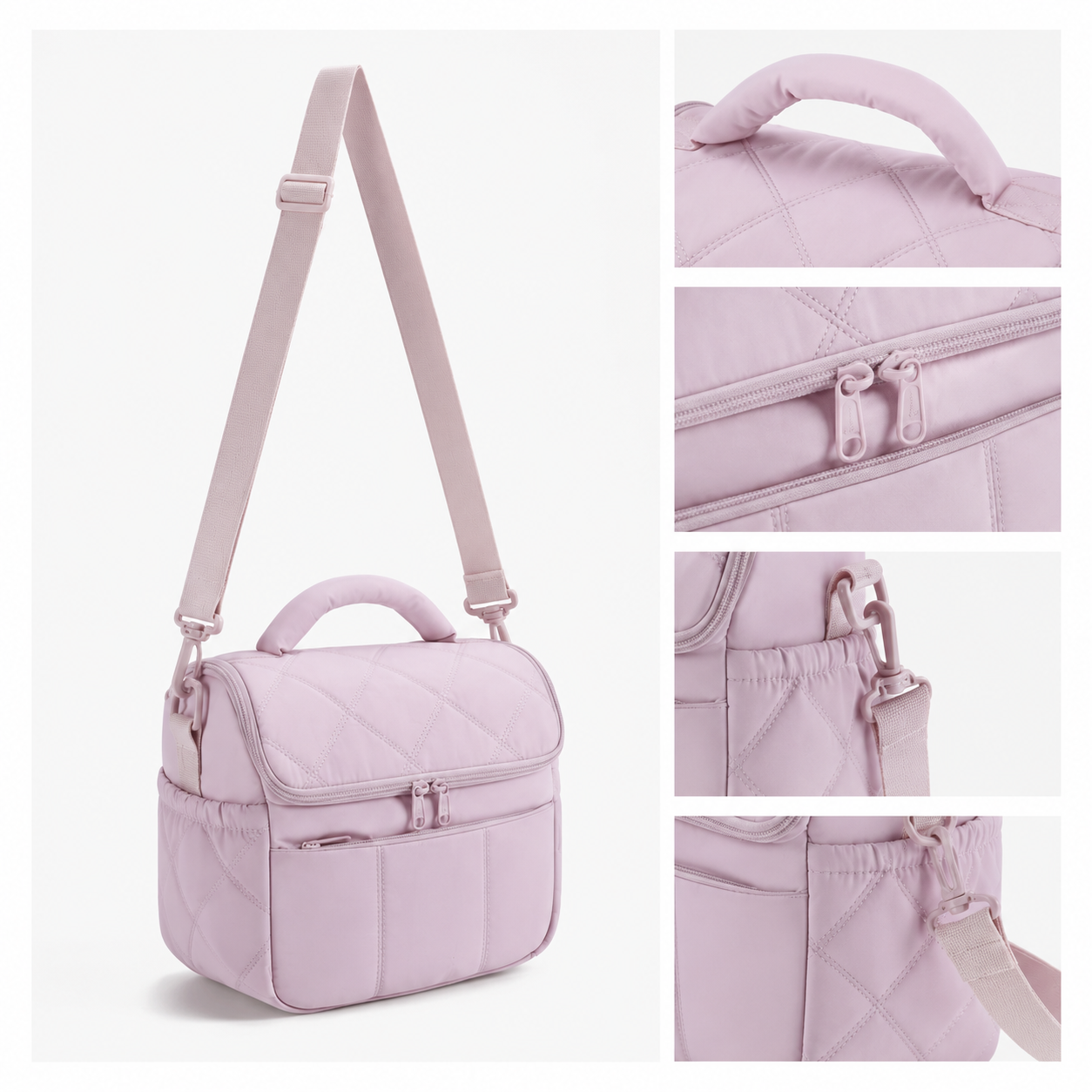 Insulated Lunch Bag | Quilted Nylon | Shoulder Strap | Temperature Control | Black & Pink