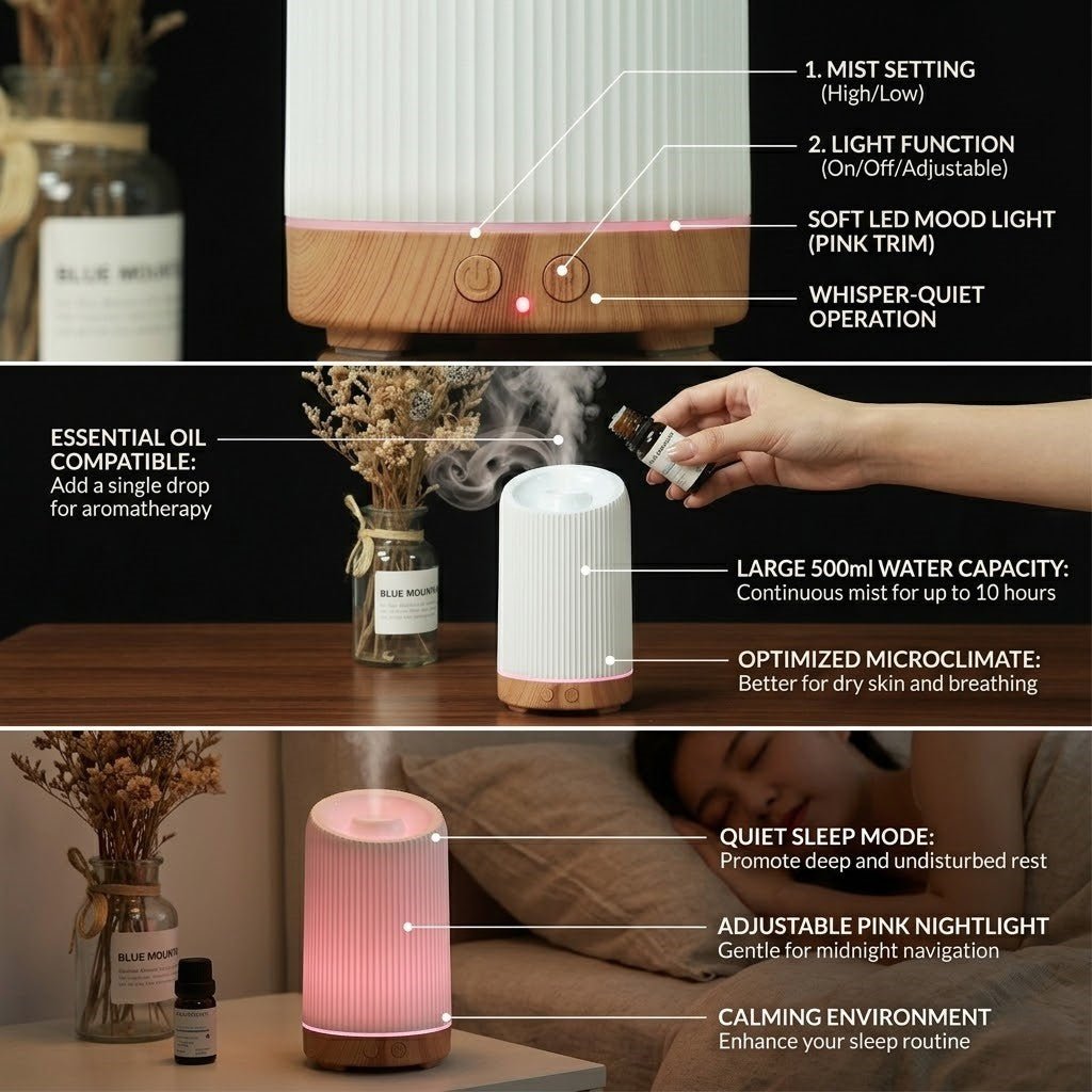 Cool Mist Humidifier & Diffuser | 100ml | 36dB | 8hr+ | Remote Control | White & Wood Grain