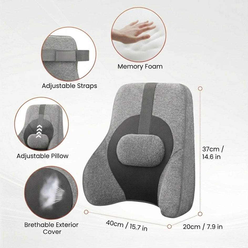 Memory Foam Lumbar Support Cushion | 4-Node Shiatsu Massage | 2-Level Heat | 60 Min Timer
