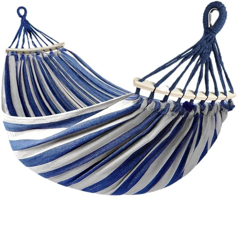 Double Hammock | Canvas | Anti-Roll Wooden Spreader Bars | 220x150cm | Carry Bag | Blue & Red