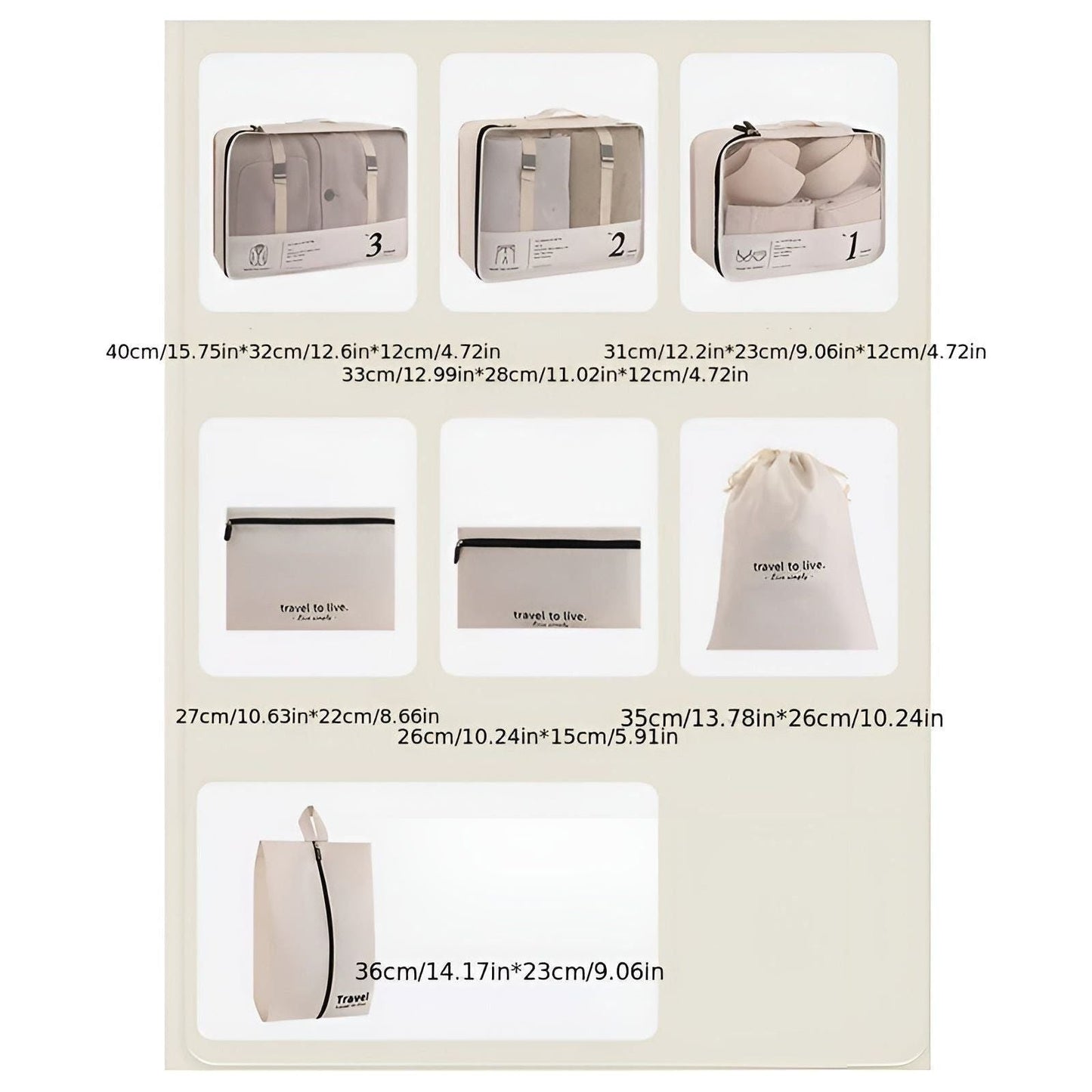 Packing Cube Set | 7 Pieces | Compression Travel Organisers | Water-Repellent | Beige, White & Black
