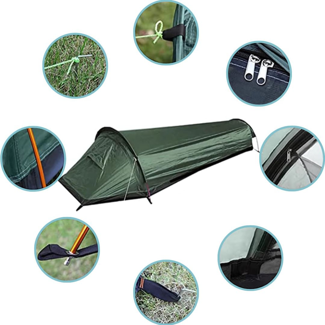 1-Person Camping Tent | Waterproof PU2000 & PU3000 | Aluminium Poles | 0.7kg | Green & Orange