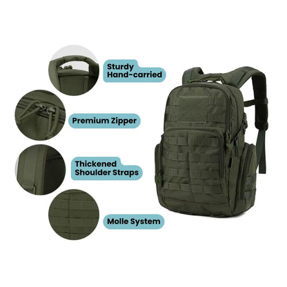 25L Tactical Backpack | 600D Water-Resistant | MOLLE & Hydration Compartment | Green, Black & Khaki