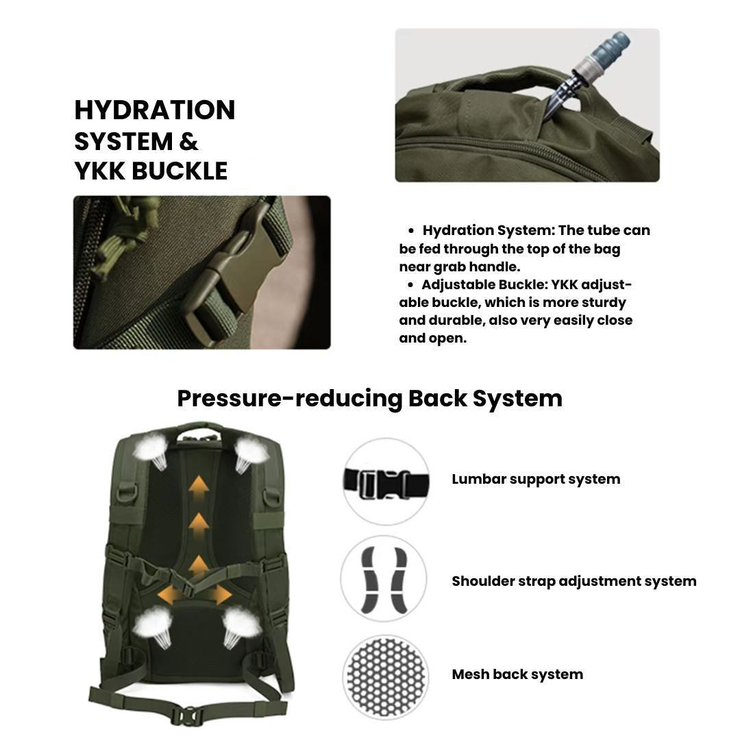 25L Tactical Backpack | 600D Water-Resistant | MOLLE & Hydration Compartment | Green, Black & Khaki