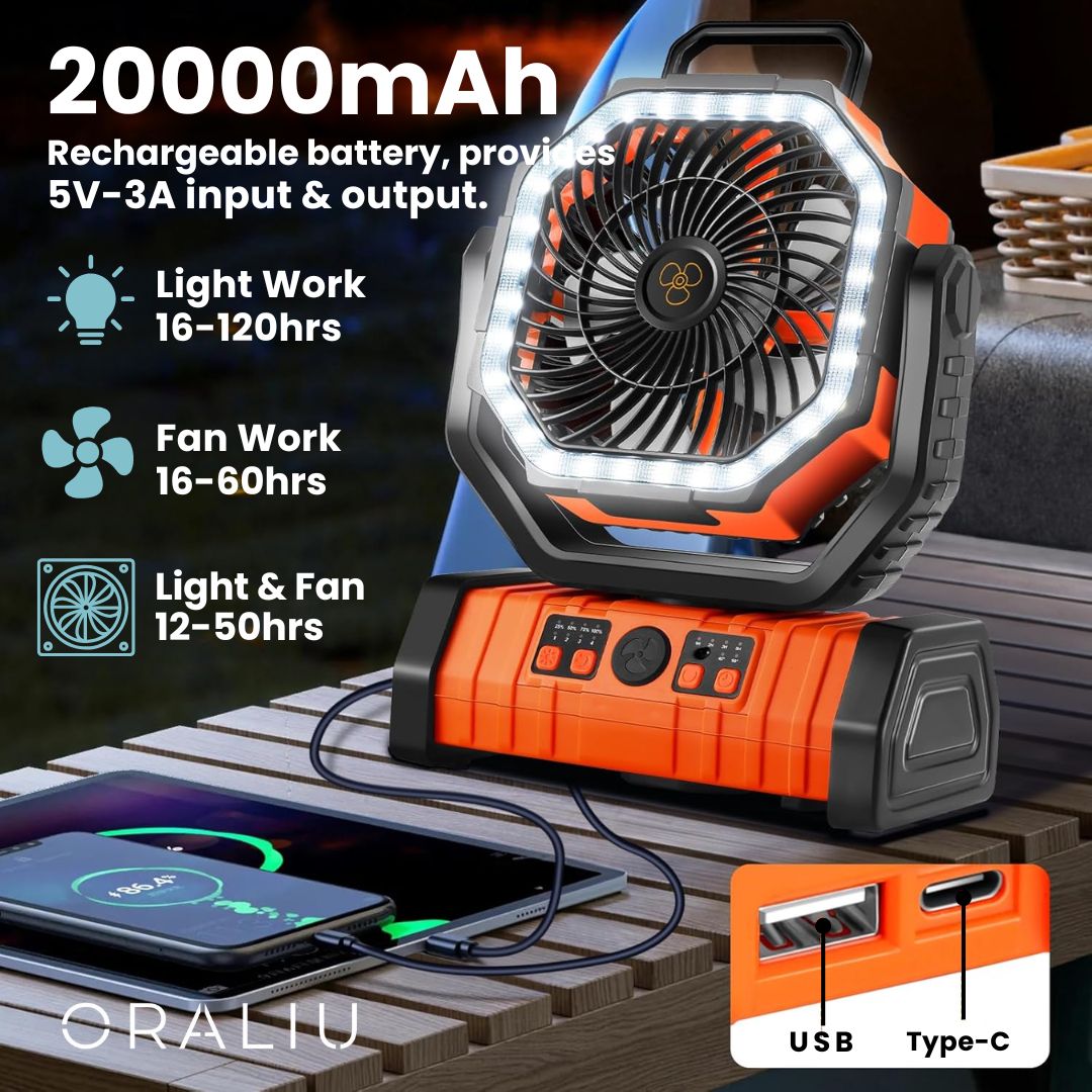 Camping Fan with LED Light & 20000mAh Power Bank | USB Rechargeable | Green & Orange