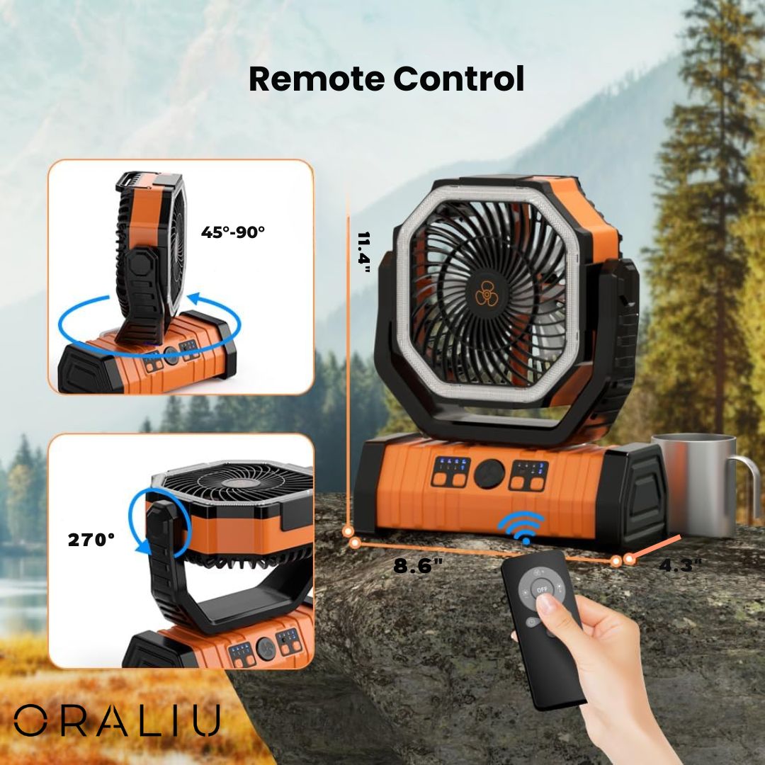 Camping Fan with LED Light & 20000mAh Power Bank | USB Rechargeable | Green & Orange