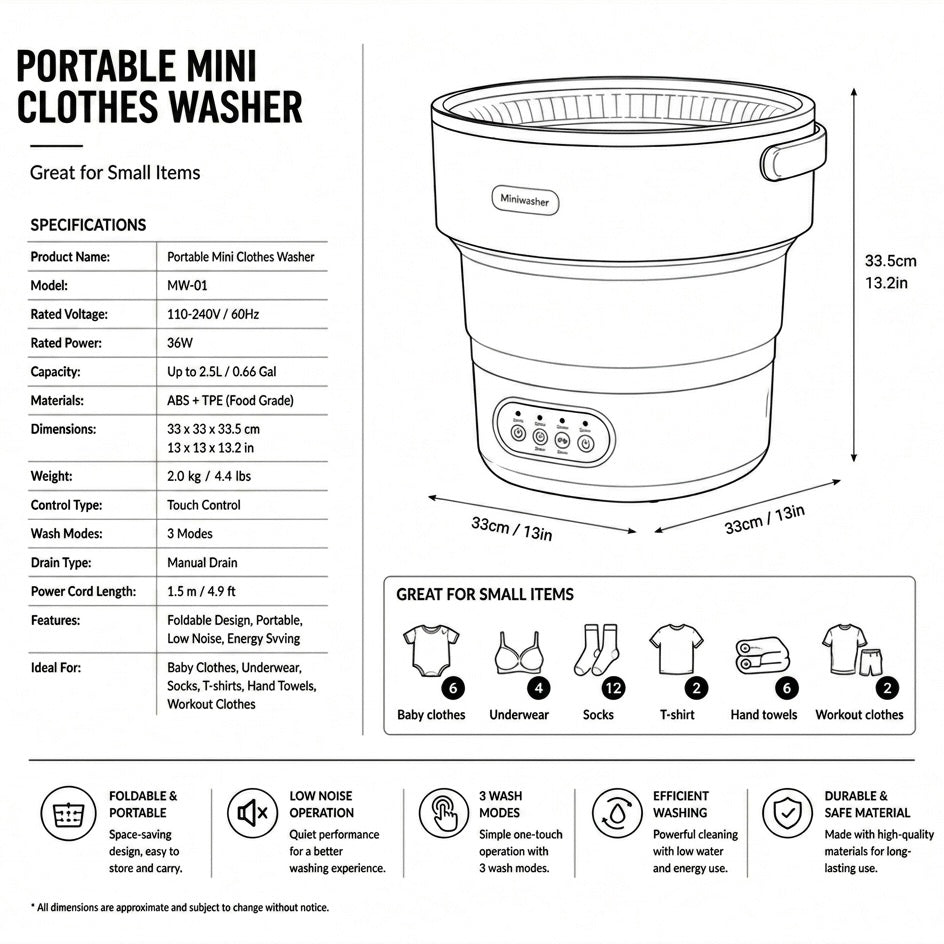 Foldable Washing Machine | 5 Wash Modes | Delicate Fabrics | 40dB | Compact & Portable