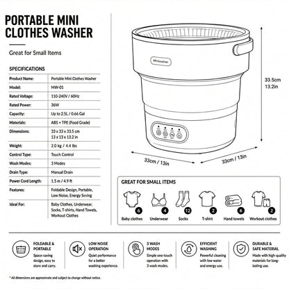 Foldable Washing Machine | 5 Wash Modes | Delicate Fabrics | 40dB | Compact & Portable