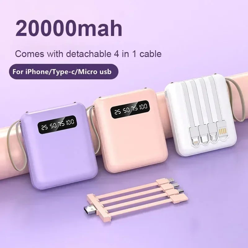 4-in-1 Power Bank | USB-C Fast Charging | 10000 & 20000mAh | Black, White & Purple