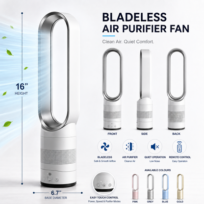Bladeless Floor Fan | 16 Inch | Air Purifier | Remote Control | Quiet DC Motor | Pink, Grey, Blue & Gold