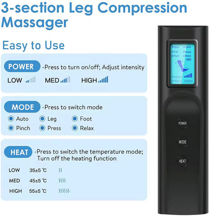 360° Leg Compression Massager | Knee Heat | 6 Modes | Full Leg Coverage | Cordless