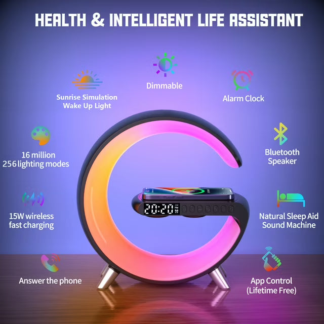 Smart Alarm Clock | Bluetooth Speaker | 15W Wireless Charger | RGB Mood Light | White & Black