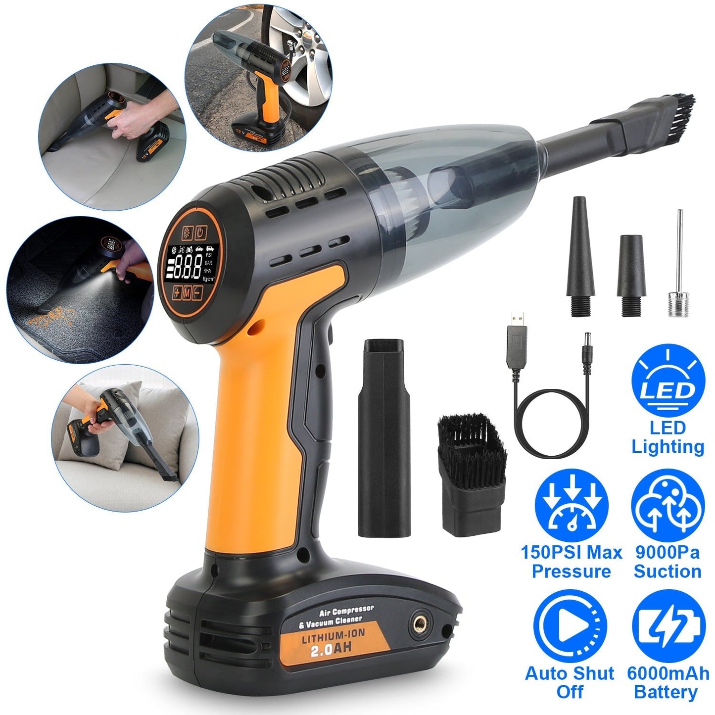 Cordless Car Vacuum & Tyre Inflator | 4-in-1 | 9000Pa | 120W | 6000mAh | LED