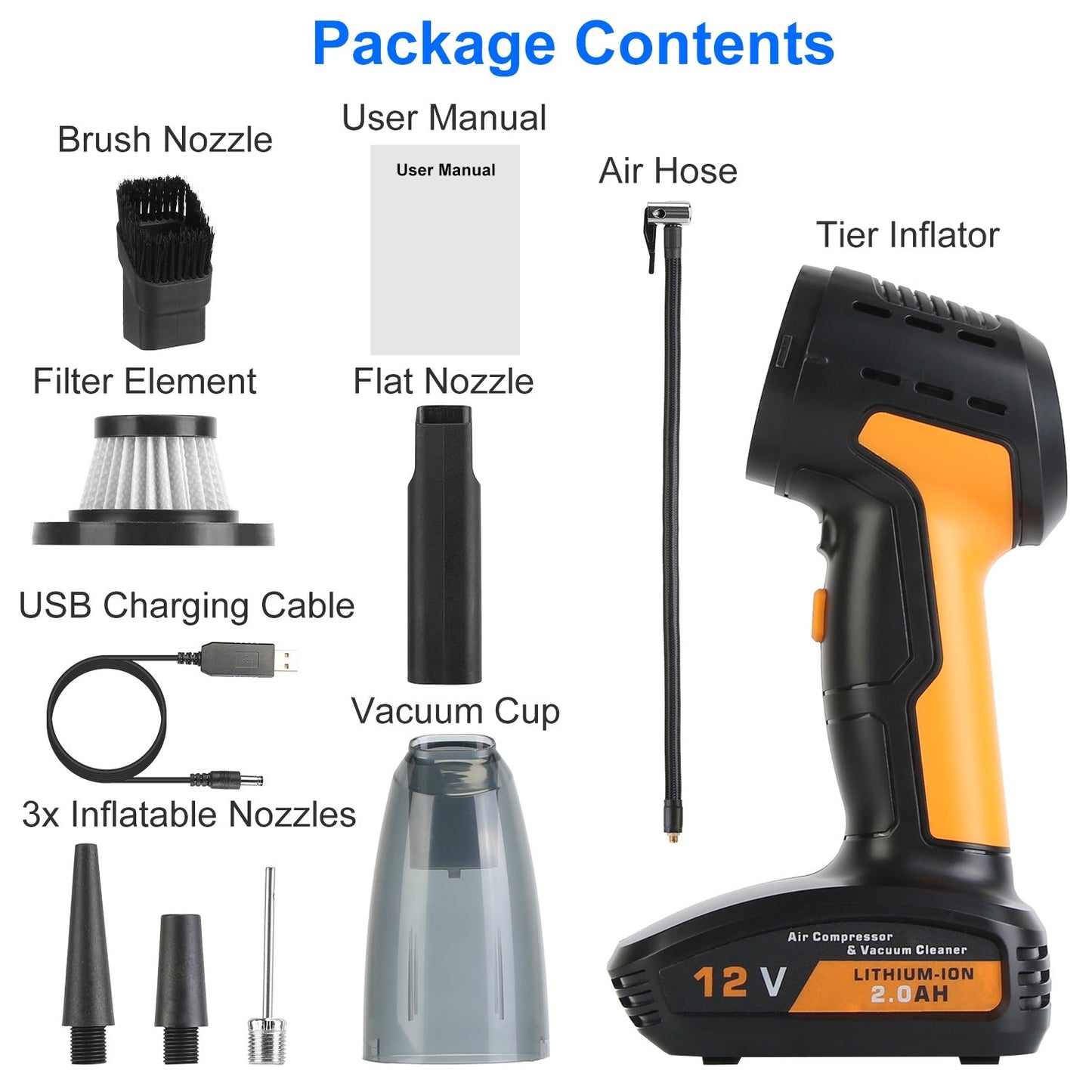 Cordless Car Vacuum & Tyre Inflator | 4-in-1 | 9000Pa | 120W | 6000mAh | LED