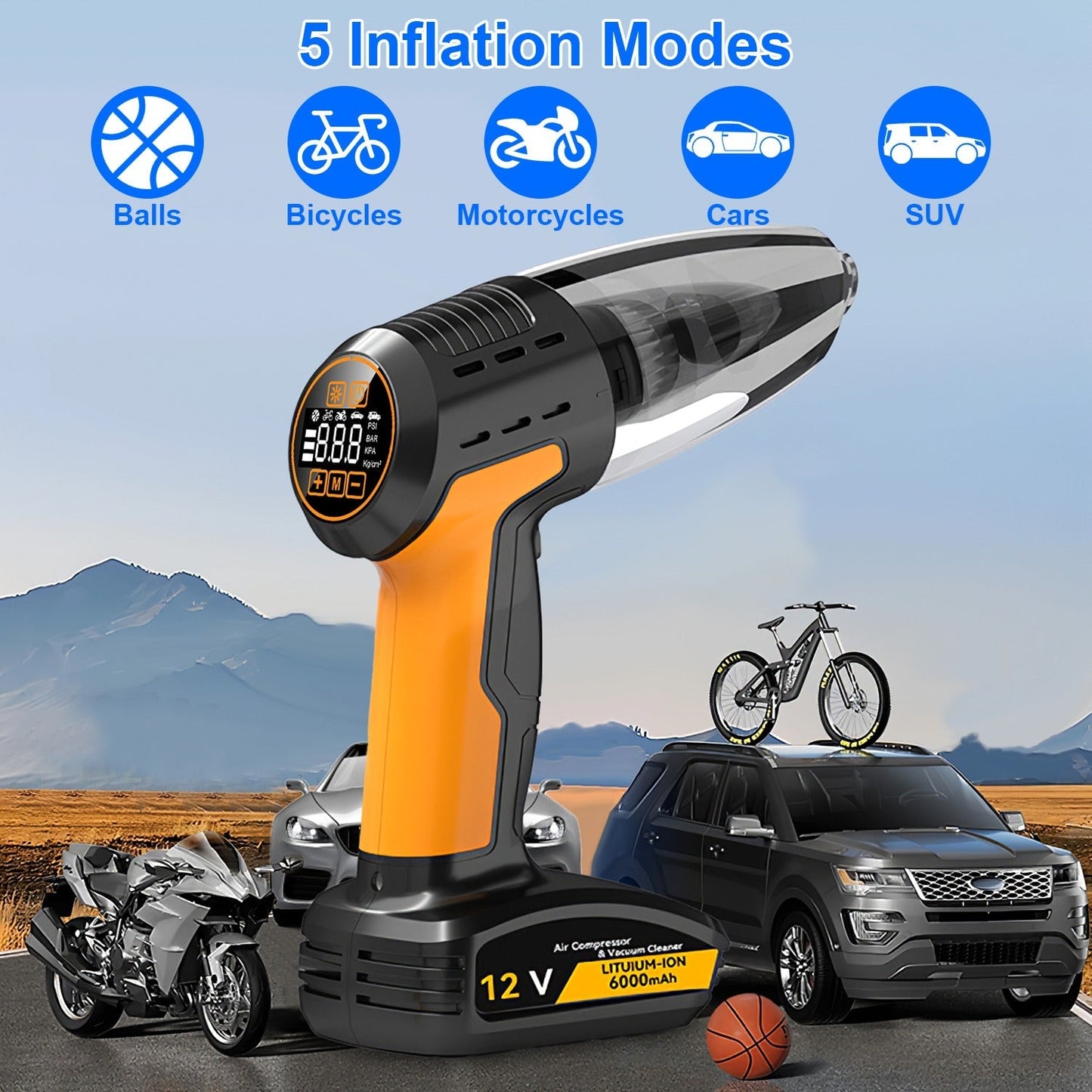 Cordless Car Vacuum & Tyre Inflator | 4-in-1 | 9000Pa | 120W | 6000mAh | LED