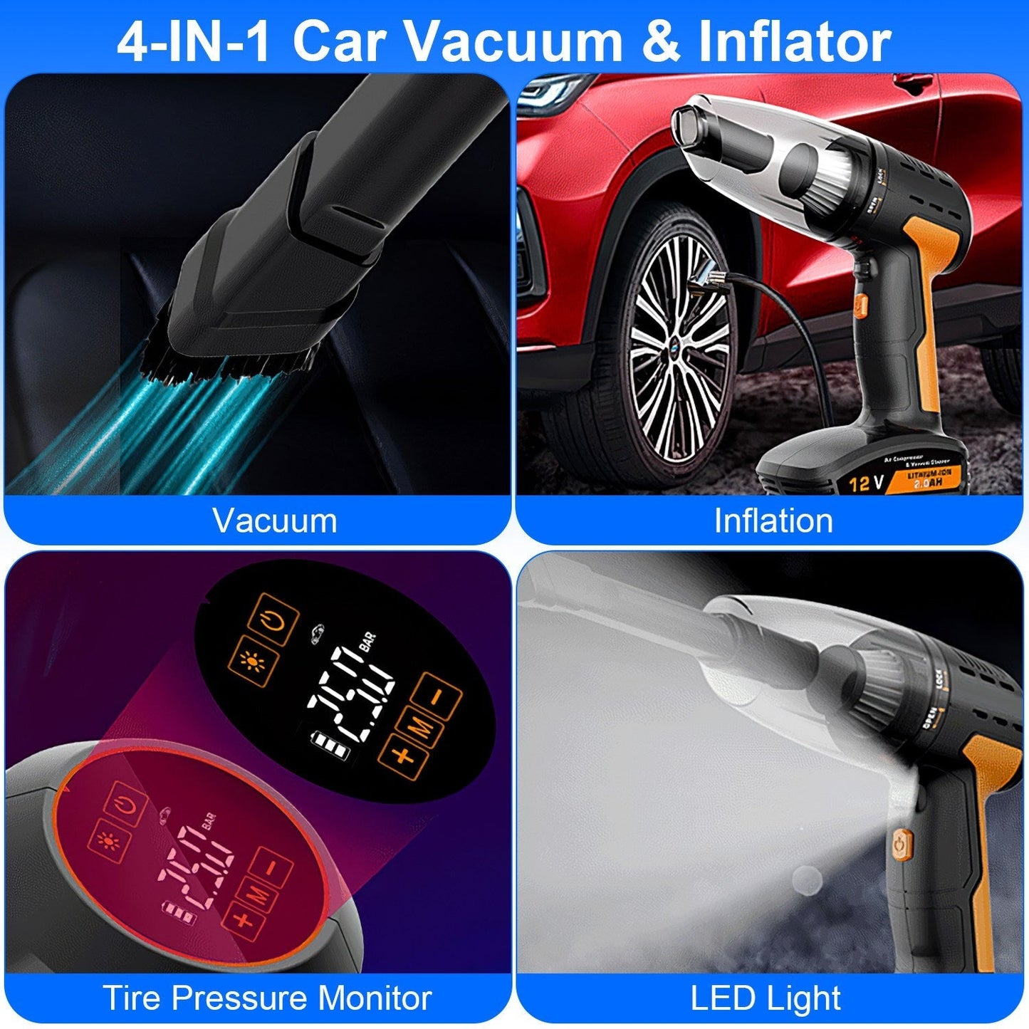 Cordless Car Vacuum & Tyre Inflator | 4-in-1 | 9000Pa | 120W | 6000mAh | LED