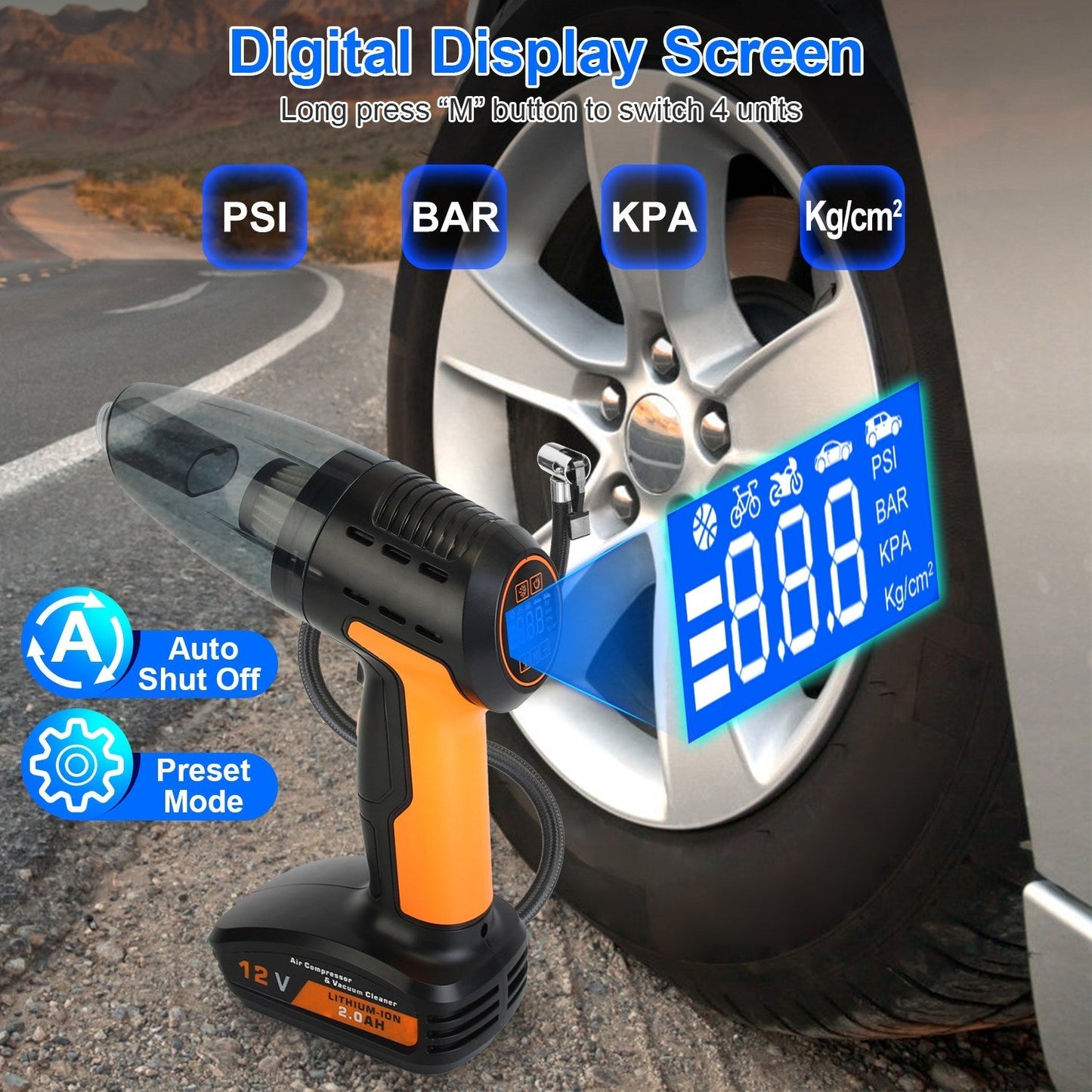 Cordless Car Vacuum & Tyre Inflator | 4-in-1 | 9000Pa | 120W | 6000mAh | LED