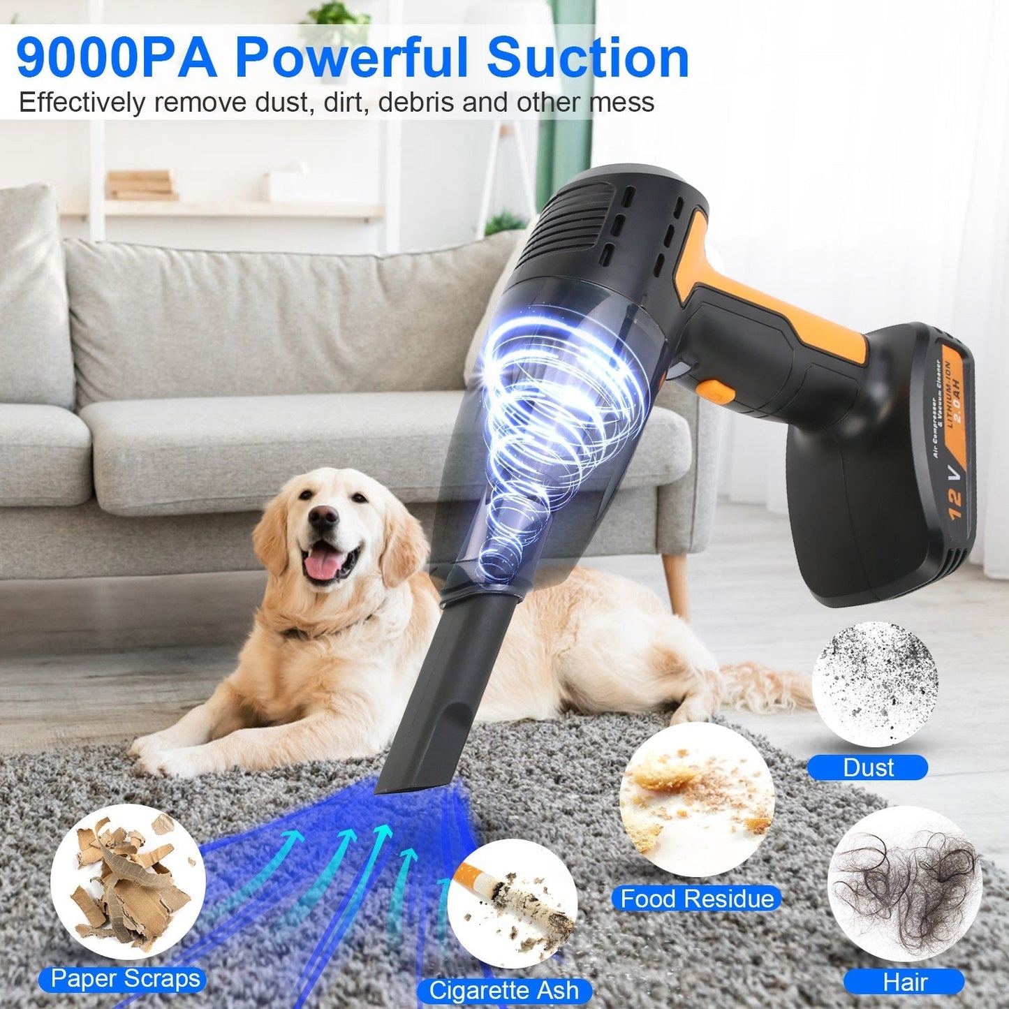 Cordless Car Vacuum & Tyre Inflator | 4-in-1 | 9000Pa | 120W | 6000mAh | LED