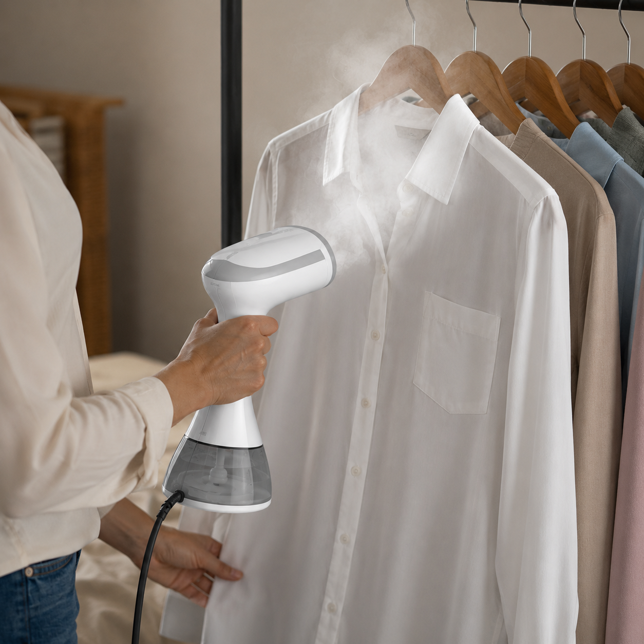 Handheld Fabric Steamer | 1500W | 200ml Water Tank | 30-Second Heat-Up | 2m Cable | White & Black