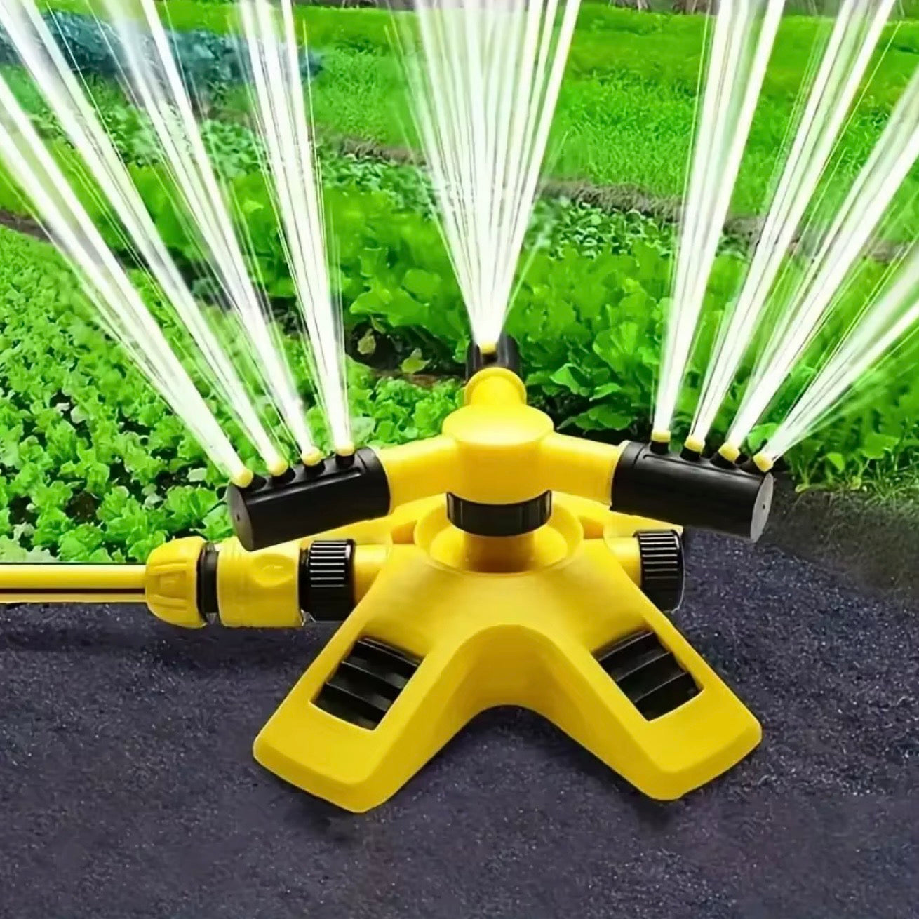 360° Rotating Garden Sprinkler | 4 Adjustable Nozzles | Expandable Reach | Hose Compatible