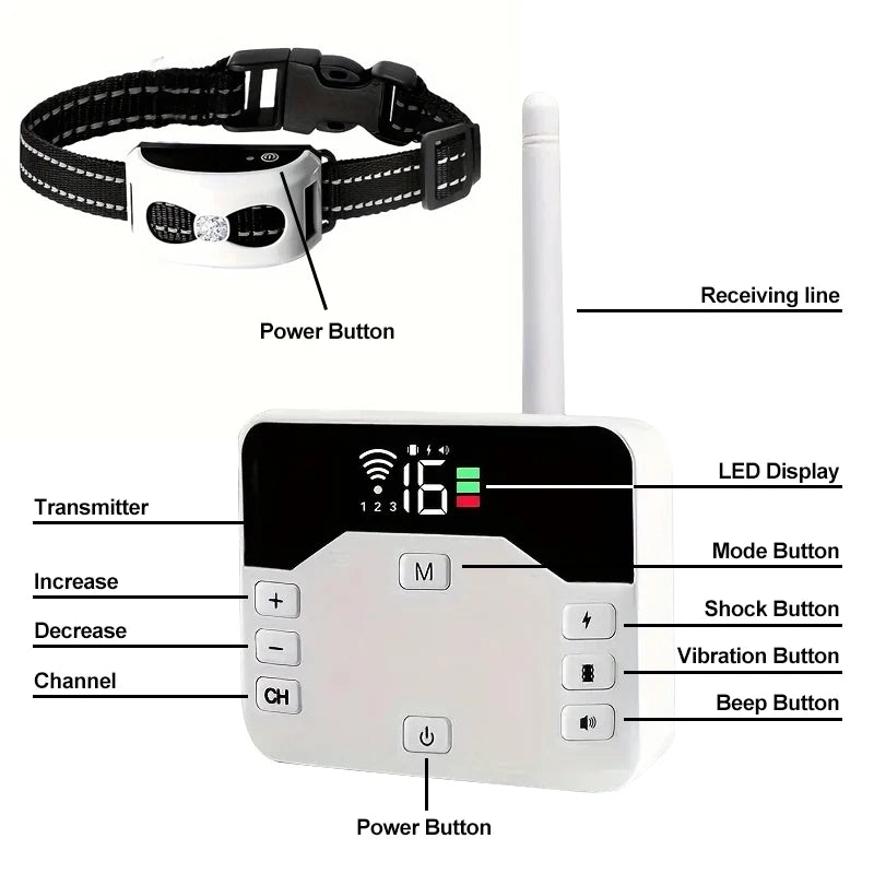 Wireless Dog Fence & Training Collar | IP65 Waterproof | 300m Range | Rechargeable | For 1 or 2 Dogs
