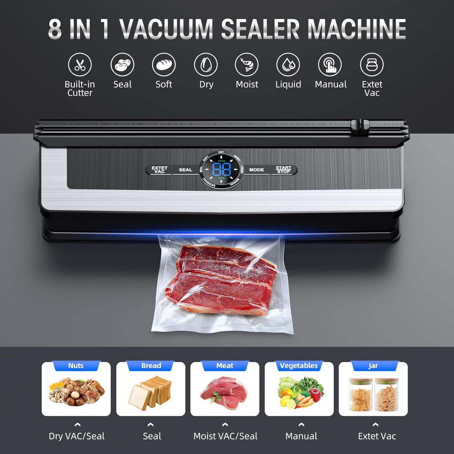 Vacuum Sealer | Built-In Bag Cutter | LED Indicator | Dry & Moist Food | 15 Bags Included