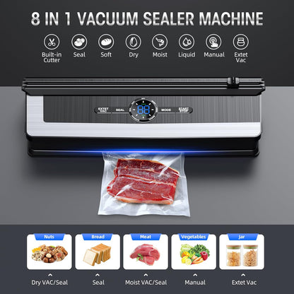 Vacuum Sealer | Built-In Bag Cutter | LED Indicator | Dry & Moist Food | 15 Bags Included