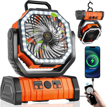 Camping Fan with LED Light & 20000mAh Power Bank | USB Rechargeable | Green & Orange