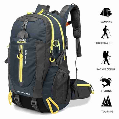 40L Waterproof Hiking Backpack | Adjustable Straps | Padded Back Panel | Blue, Black & Grey