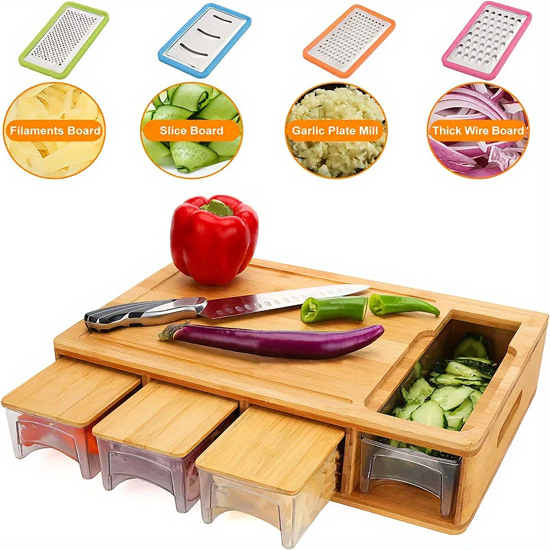 Bamboo Cutting Board | Storage Trays & Graters | Multifunctional Kitchen Prep Station