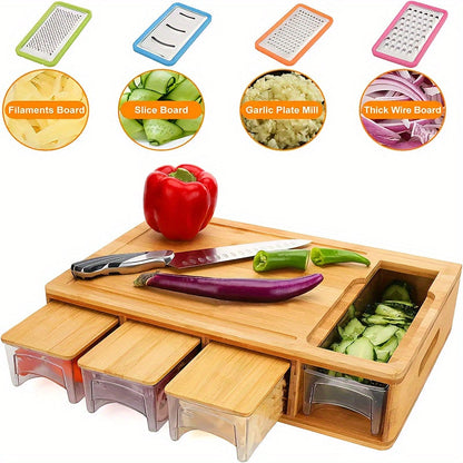 Bamboo Cutting Board | Storage Trays & Graters | Multifunctional Kitchen Prep Station