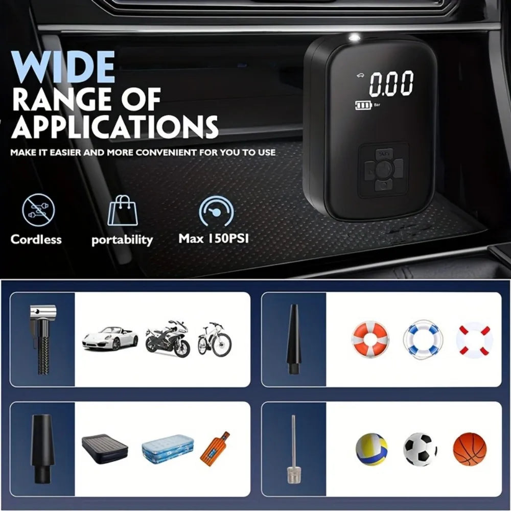 Digital Display Air Pump Portable Smart Rechargeable Air Compressor LED Light  Automatic Wireless Tire Inflation for Car Motorcycle Boat Tyre Balls