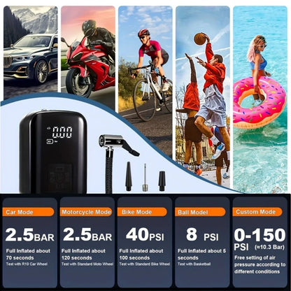 Digital Display Air Pump Portable Smart Rechargeable Air Compressor LED Light  Automatic Wireless Tire Inflation for Car Motorcycle Boat Tyre Balls