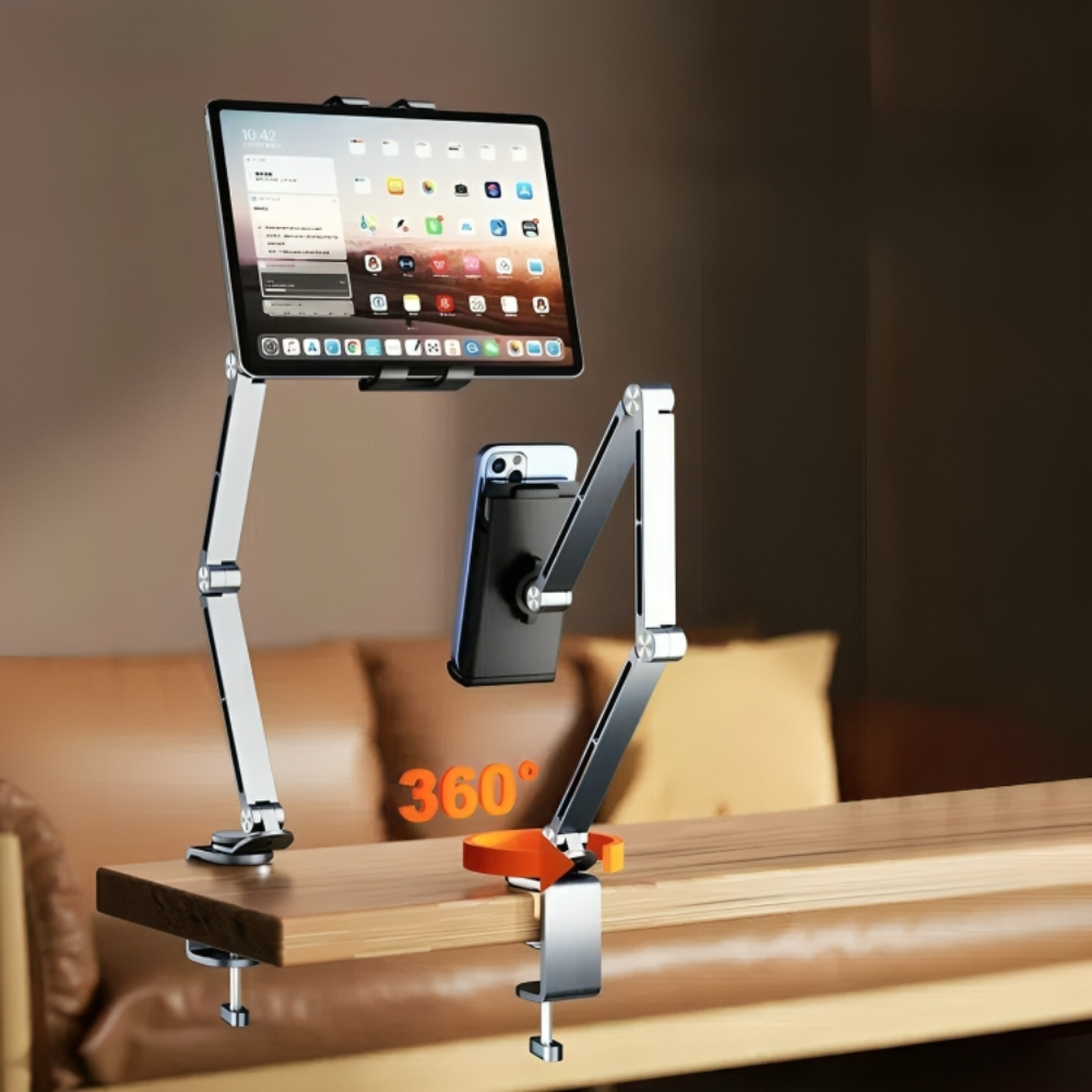 Tablet & Phone Stand | 360 Degree Rotation | Aluminium | Adjustable Height & Tilt | Desk & Bedside