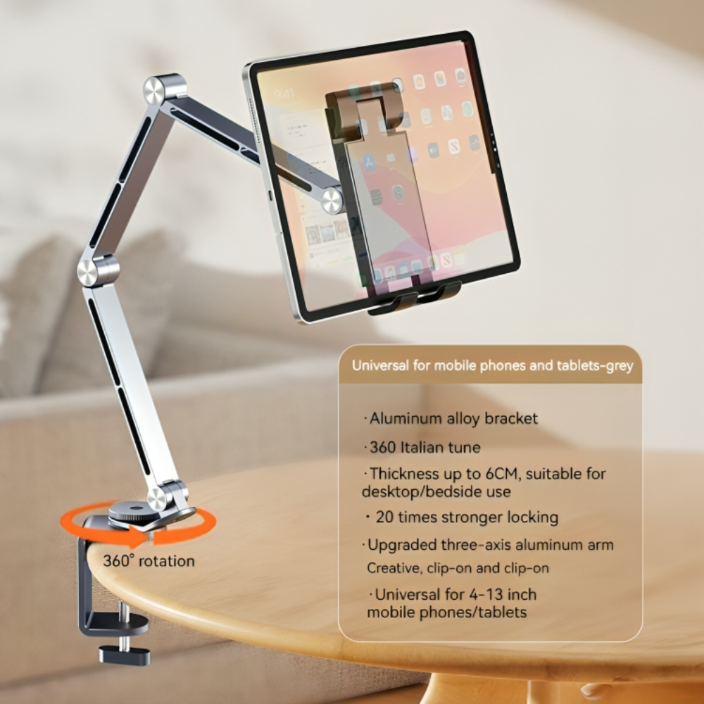 Tablet & Phone Stand | 360 Degree Rotation | Aluminium | Adjustable Height & Tilt | Desk & Bedside