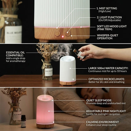 Cool Mist Humidifier & Diffuser | 100ml | 36dB | 8hr+ | Remote Control | White & Wood Grain
