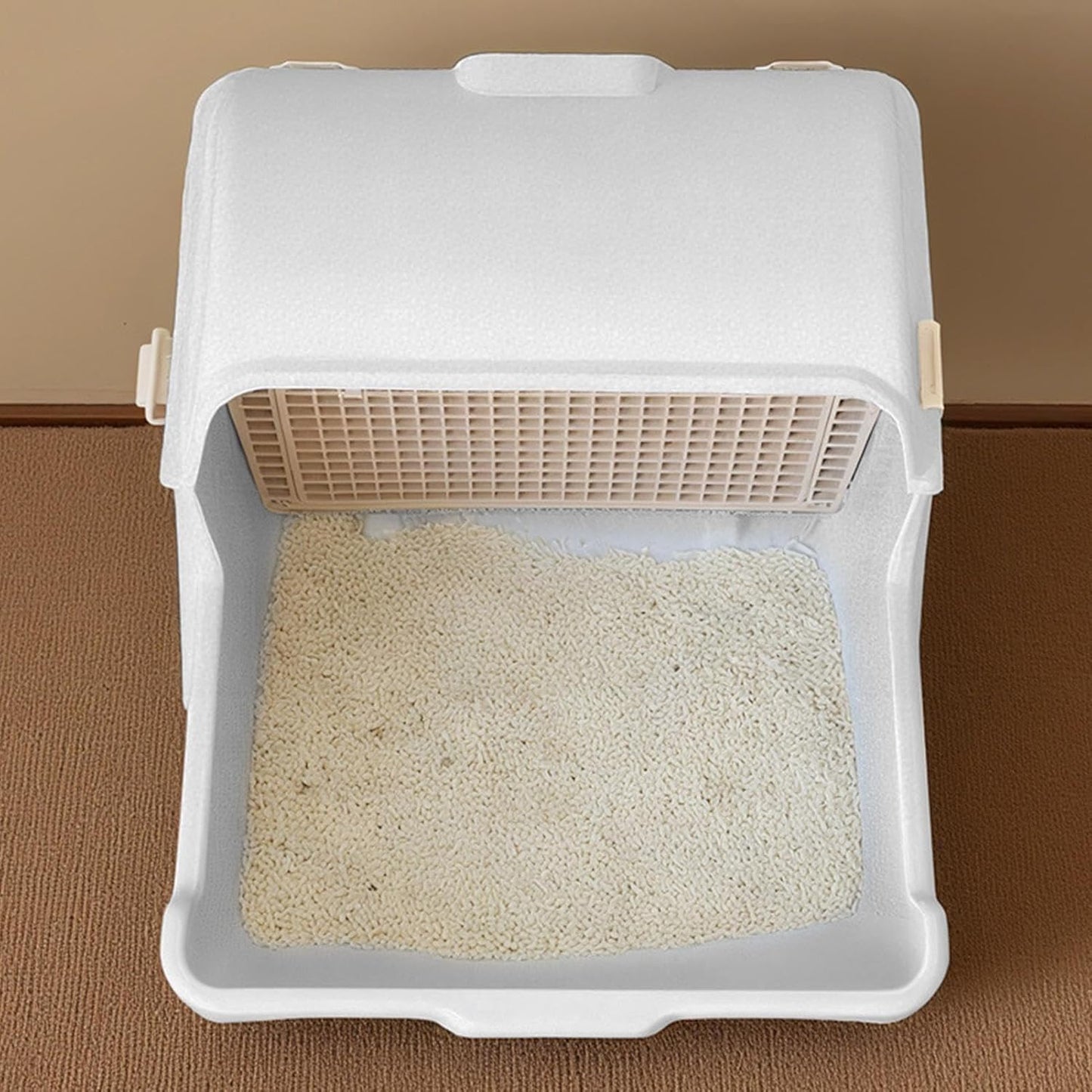 Automatic Cat Litter Box | Tipping Tray | Odour Control | Open Top | 50x50x46cm | Beige & Grey