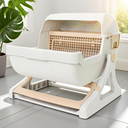 Automatic Cat Litter Box | Tipping Tray | Odour Control | Open Top | 50x50x46cm | Beige & Grey