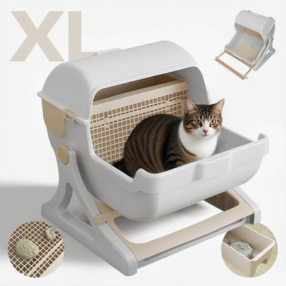 Automatic Cat Litter Box | Tipping Tray | Odour Control | Open Top | 50x50x46cm | Beige & Grey