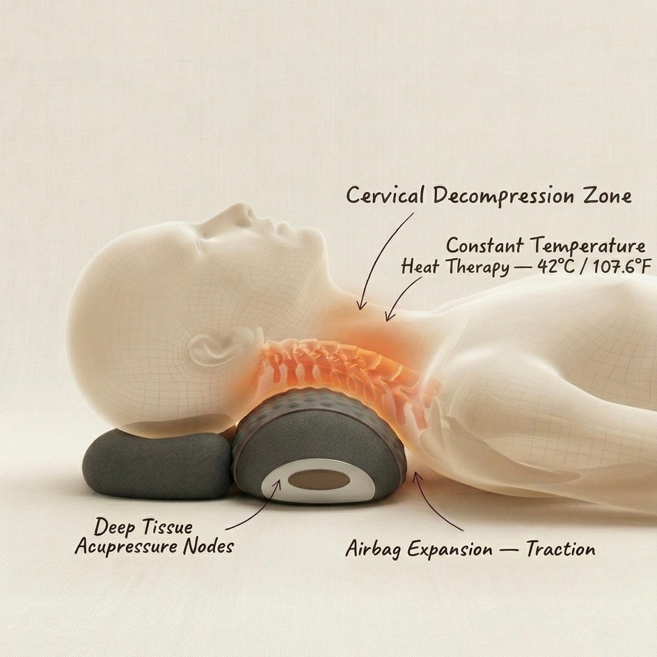 Cervical Massage Pillow | 42°C Heat Therapy | Deep Tissue Vibration | Air Decompression | Grey