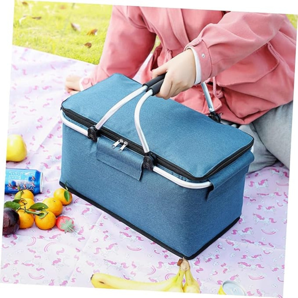 18L Collapsible Picnic Basket | Leakproof Oxford Fabric | Aluminium Frame | Black, Grey & Blue