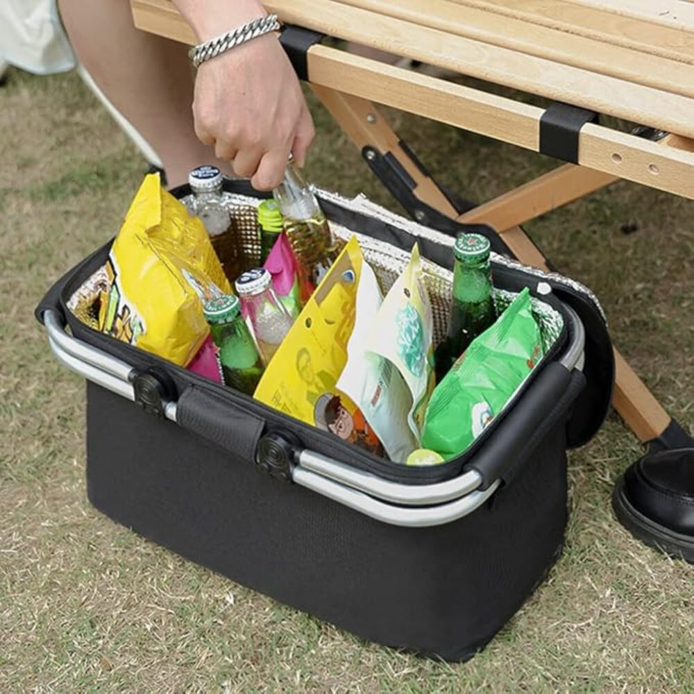 18L Collapsible Picnic Basket | Leakproof Oxford Fabric | Aluminium Frame | Black, Grey & Blue