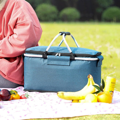 18L Collapsible Picnic Basket | Leakproof Oxford Fabric | Aluminium Frame | Black, Grey & Blue
