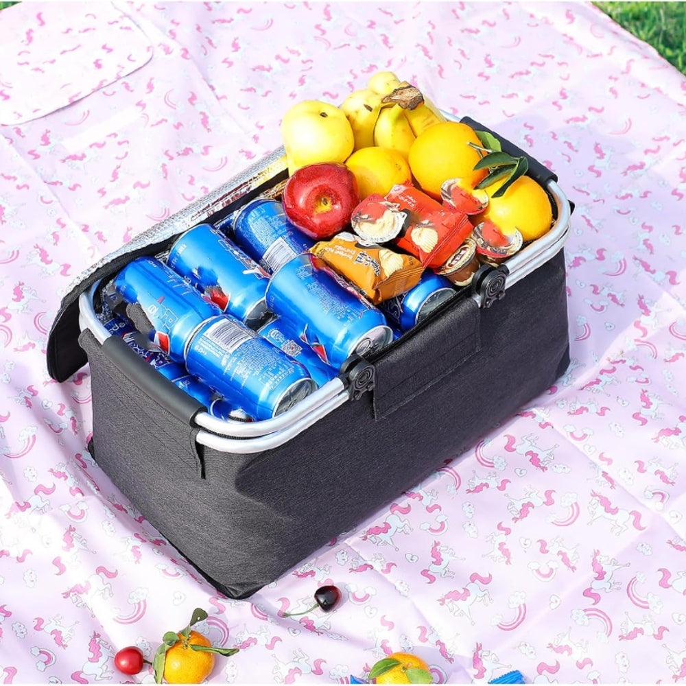 18L Collapsible Picnic Basket | Leakproof Oxford Fabric | Aluminium Frame | Black, Grey & Blue