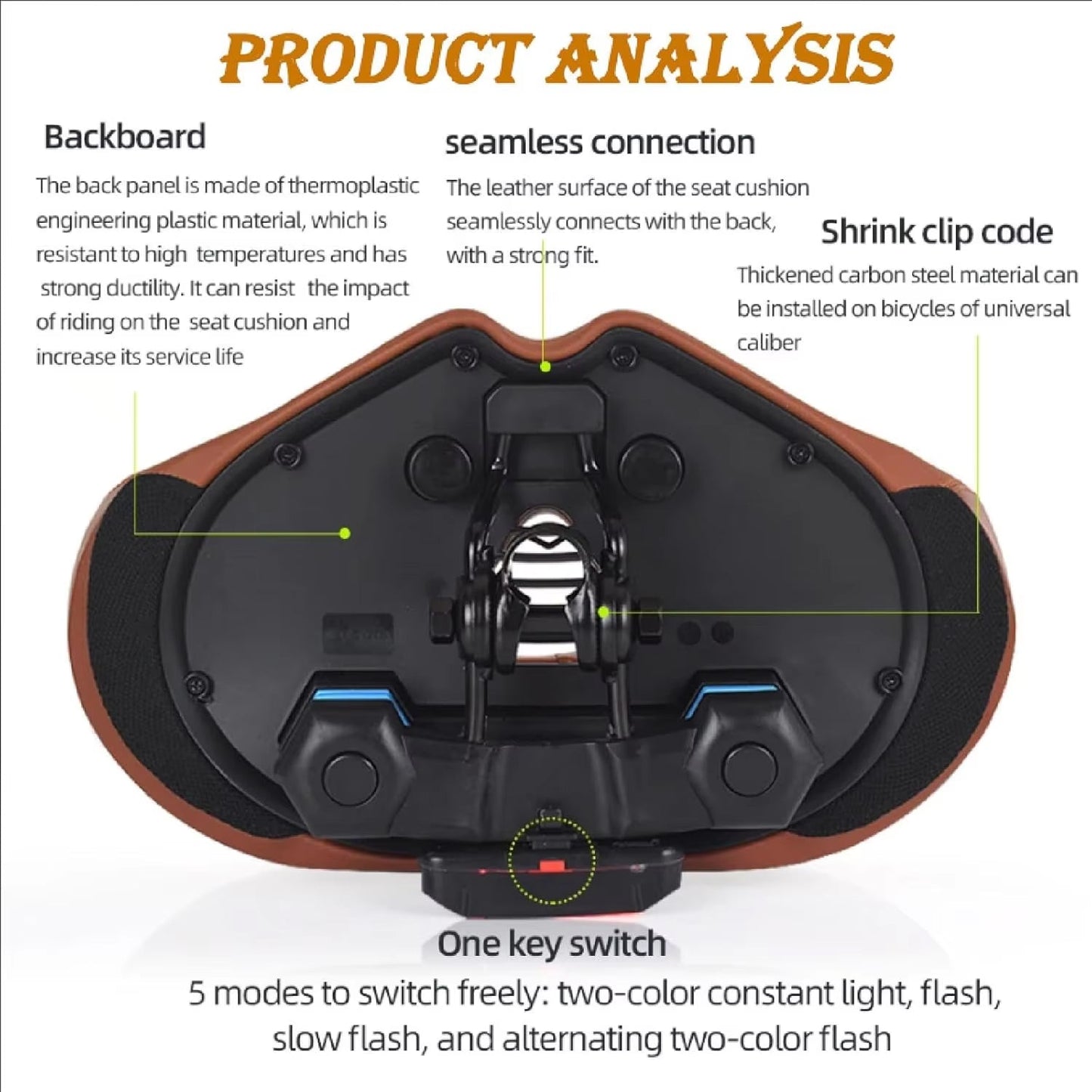 Noseless Bike Seat | Oversized | Shock Absorption | Optional LED Light | Black & Brown