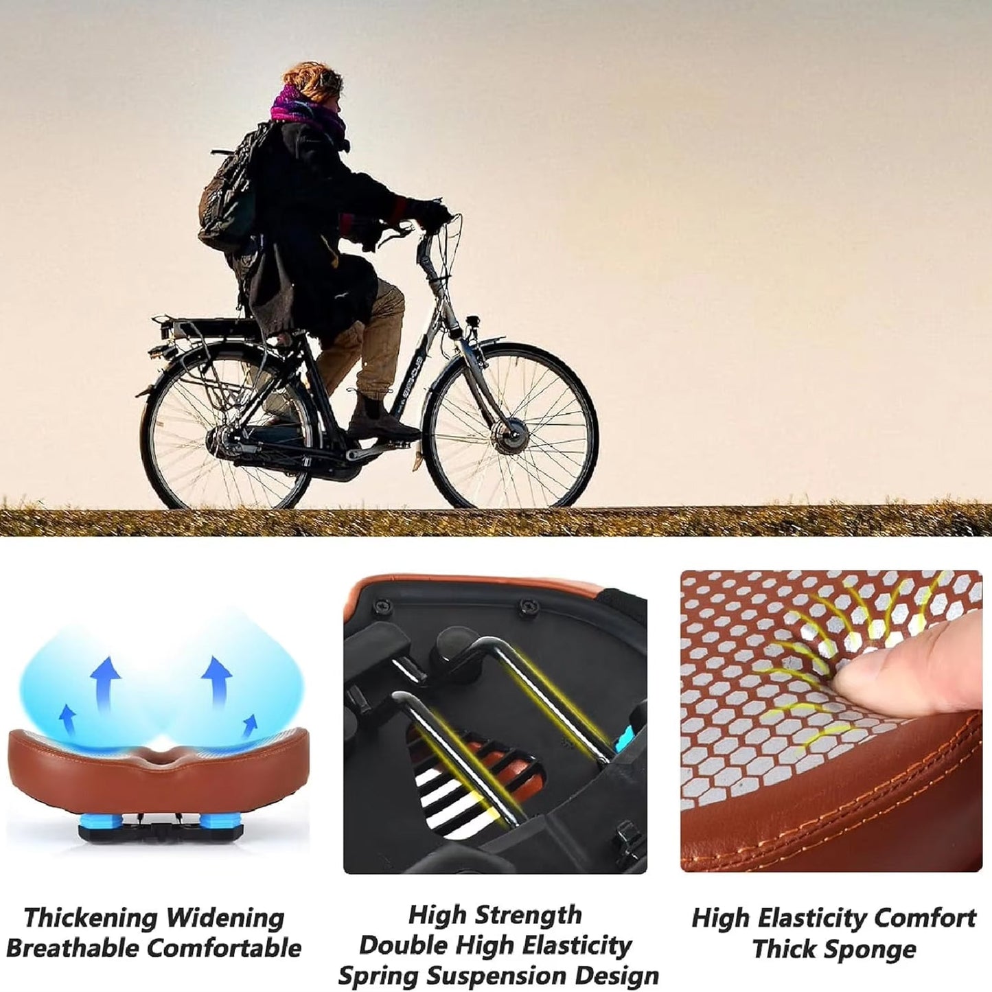 Noseless Bike Seat | Oversized | Shock Absorption | Optional LED Light | Black & Brown