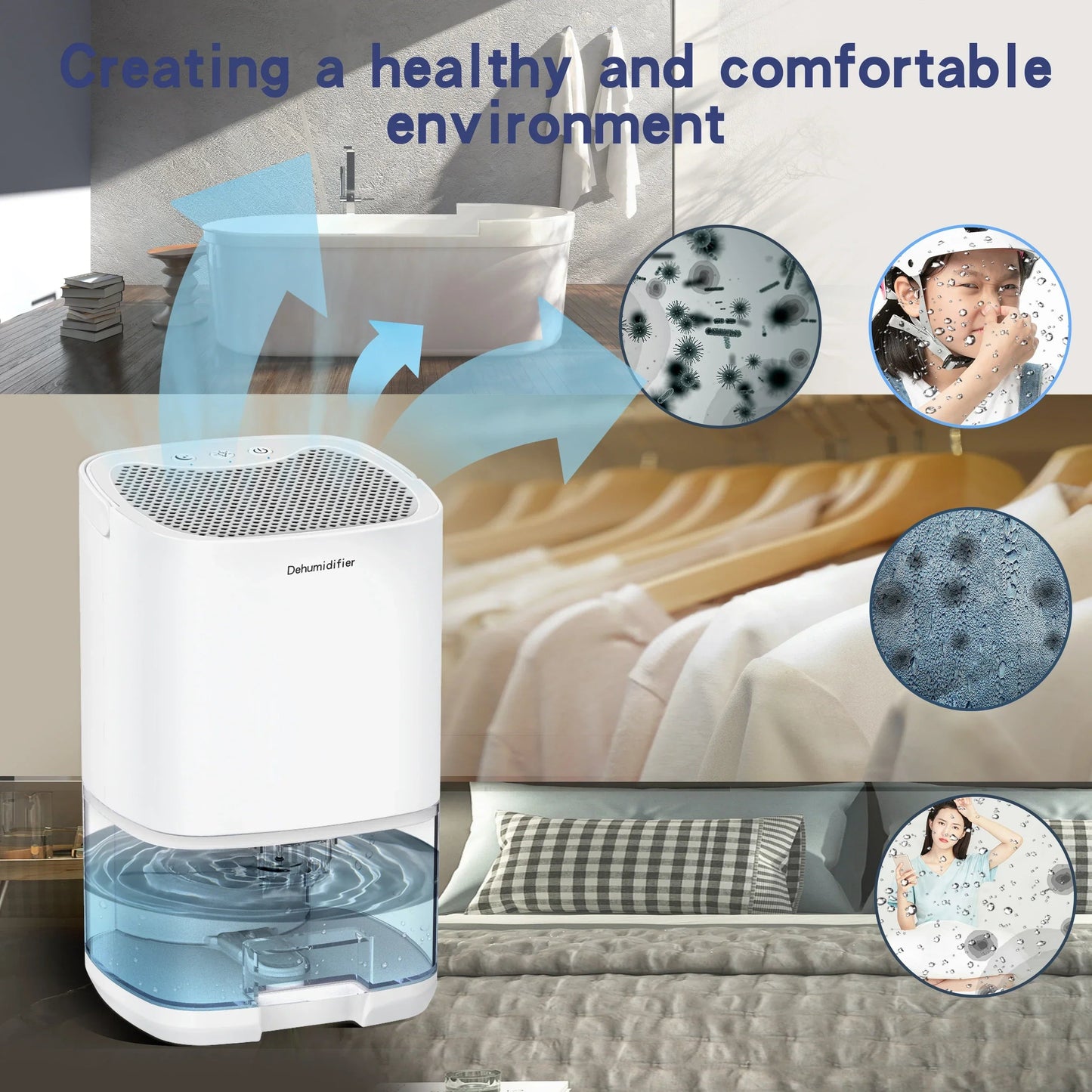 Portable Dehumidifier & Air Purifier | 1000ml Tank | Anion Filter | Night Light | ≤45dB
