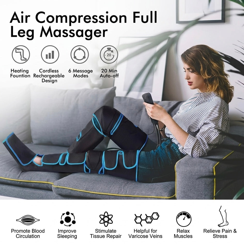 360° Leg Compression Massager | Knee Heat | 6 Modes | Full Leg Coverage | Cordless
