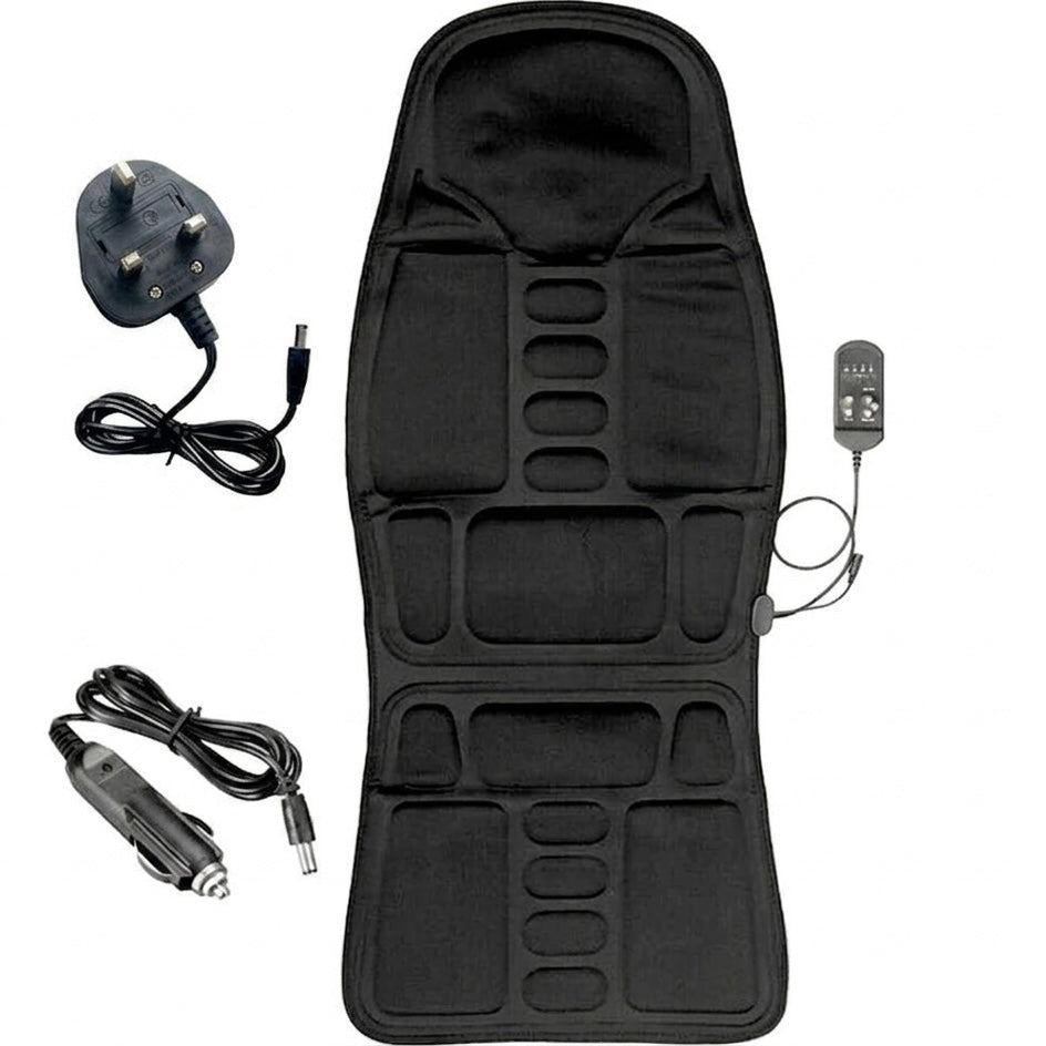 Seat Massage Cushion | 8 Modes | Heat Function | 12V & 110–240V | Wired Remote | Black